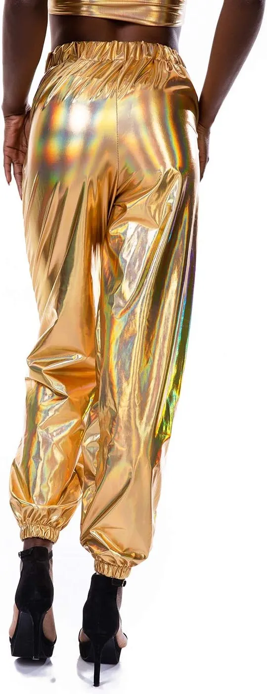 SIAEAMRG Womens Shiny Metallic High Waist Stretchy Jogger Pants, Wet Look Hip Hop Club Wear Holographic Trousers Sweatpant