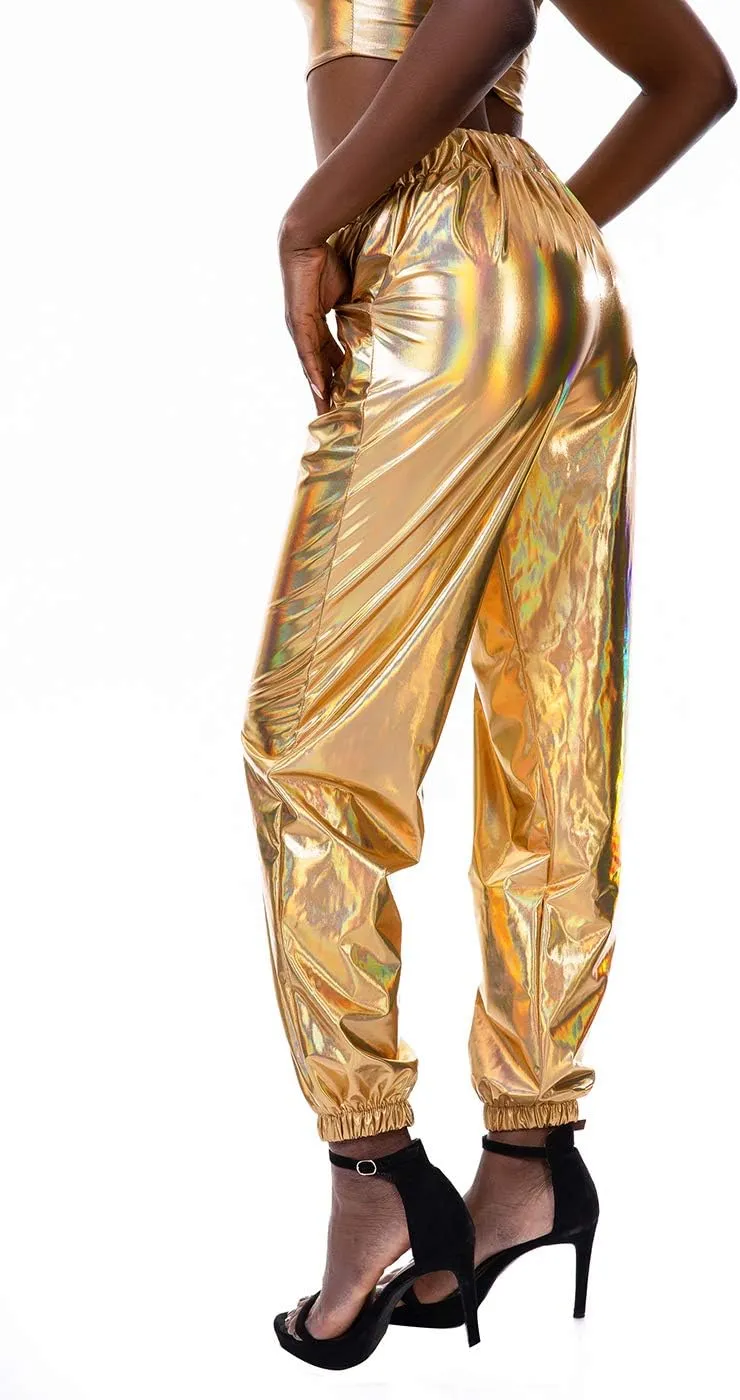 SIAEAMRG Womens Shiny Metallic High Waist Stretchy Jogger Pants, Wet Look Hip Hop Club Wear Holographic Trousers Sweatpant
