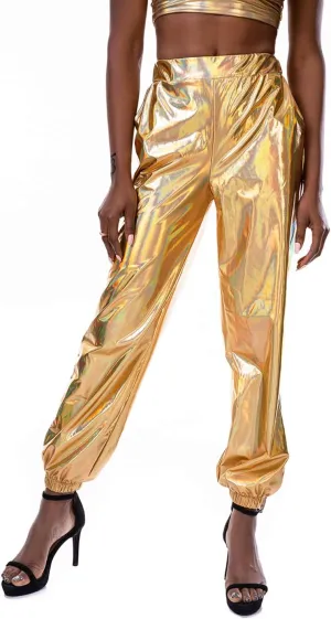SIAEAMRG Womens Shiny Metallic High Waist Stretchy Jogger Pants, Wet Look Hip Hop Club Wear Holographic Trousers Sweatpant