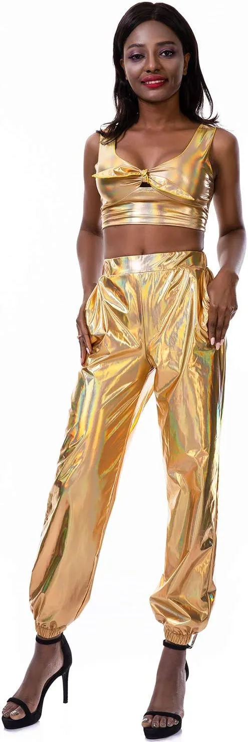 SIAEAMRG Womens Shiny Metallic High Waist Stretchy Jogger Pants, Wet Look Hip Hop Club Wear Holographic Trousers Sweatpant