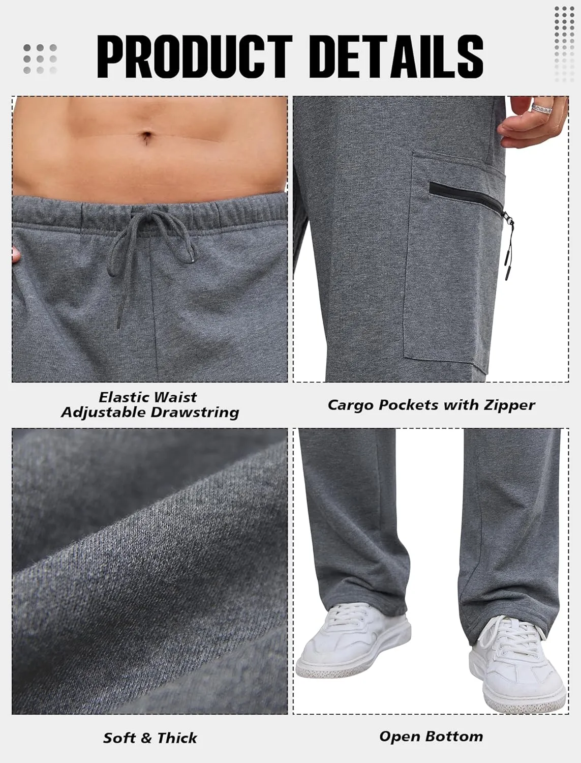 SILKWORLD Sweatpants for Men Zipper Cargo Pockets Joggers Open Bottom Casual Pants for Athletic, Jogging, Running, Workout