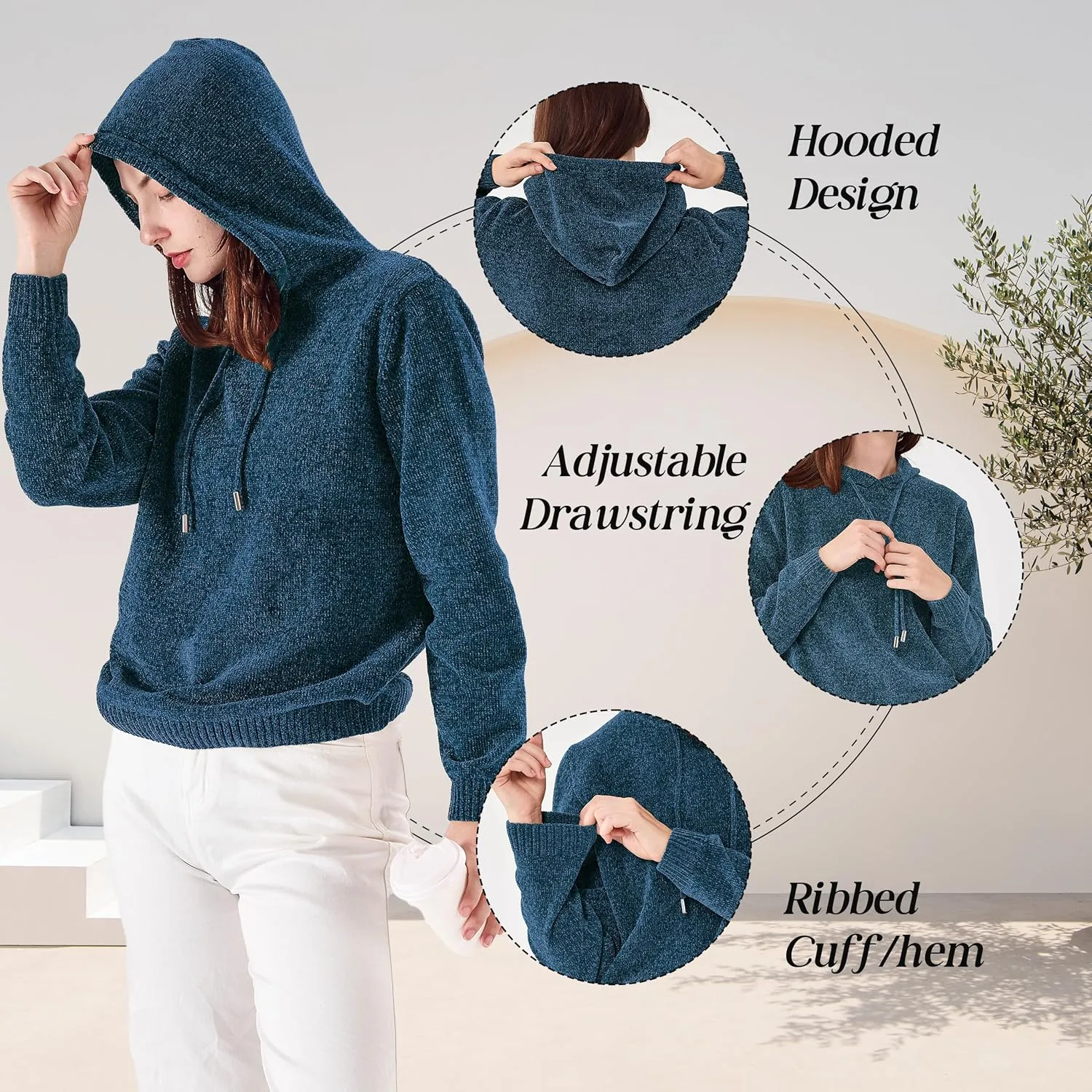 Simple&Opulence Women's Chenille Sweater Drawstring Hooded Long Sleeve Pullover Ribbed Cuff Hem Jumper Tops