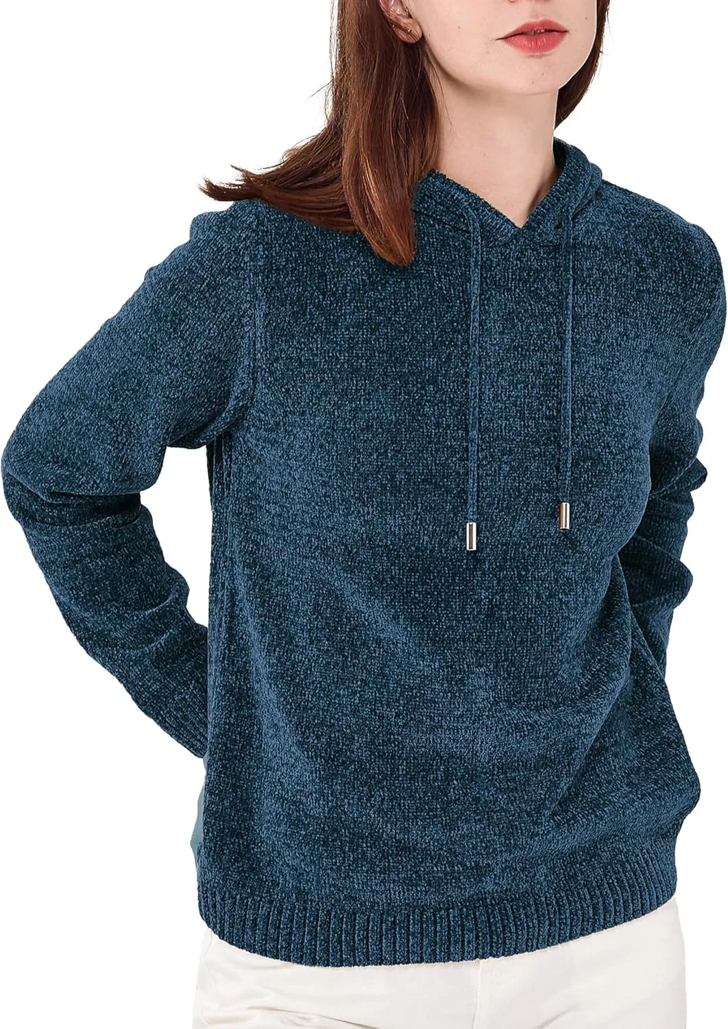 Simple&Opulence Women's Chenille Sweater Drawstring Hooded Long Sleeve Pullover Ribbed Cuff Hem Jumper Tops