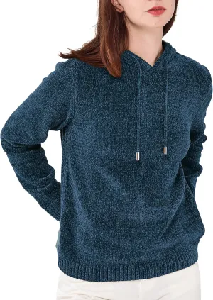 Simple&Opulence Women's Chenille Sweater Drawstring Hooded Long Sleeve Pullover Ribbed Cuff Hem Jumper Tops