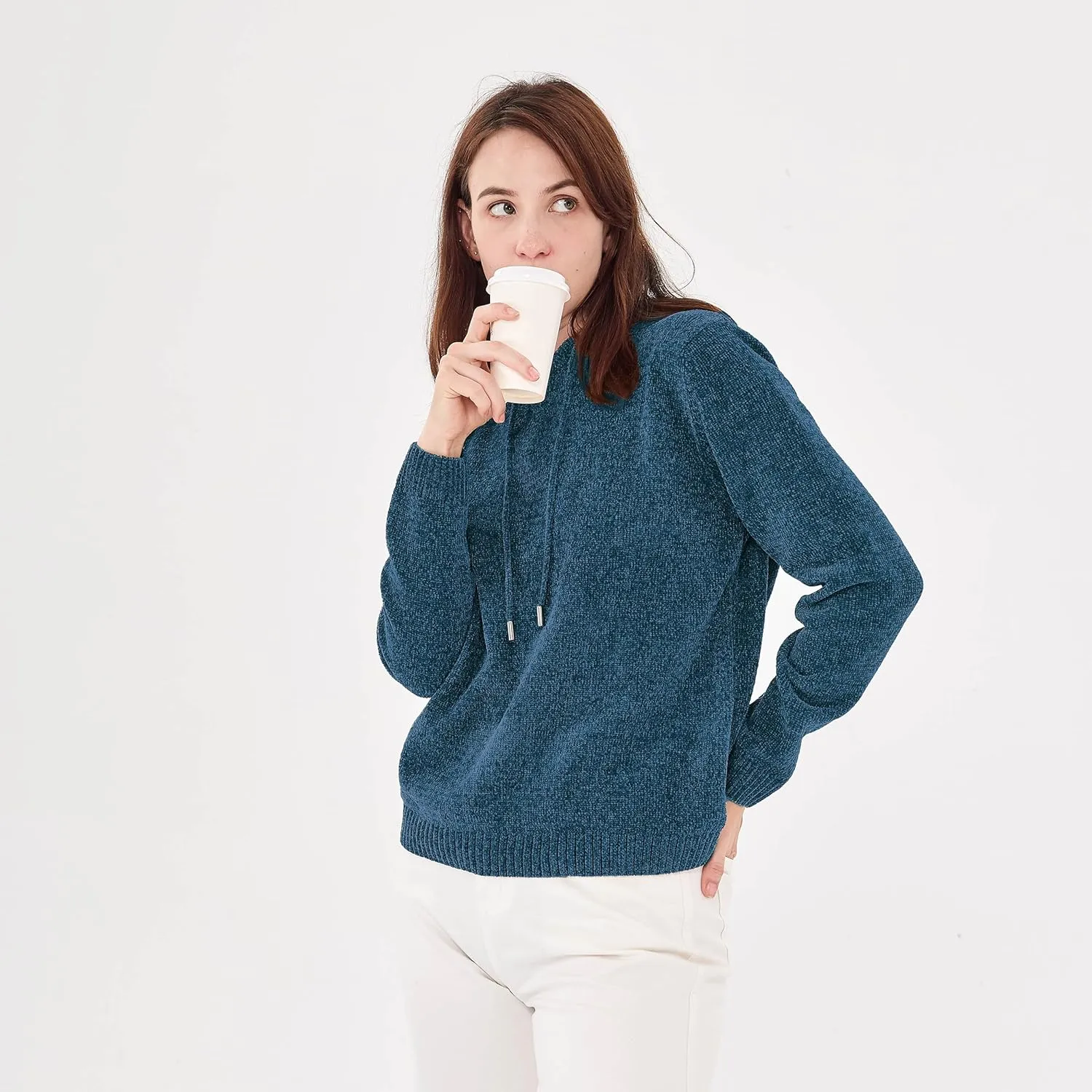 Simple&Opulence Women's Chenille Sweater Drawstring Hooded Long Sleeve Pullover Ribbed Cuff Hem Jumper Tops