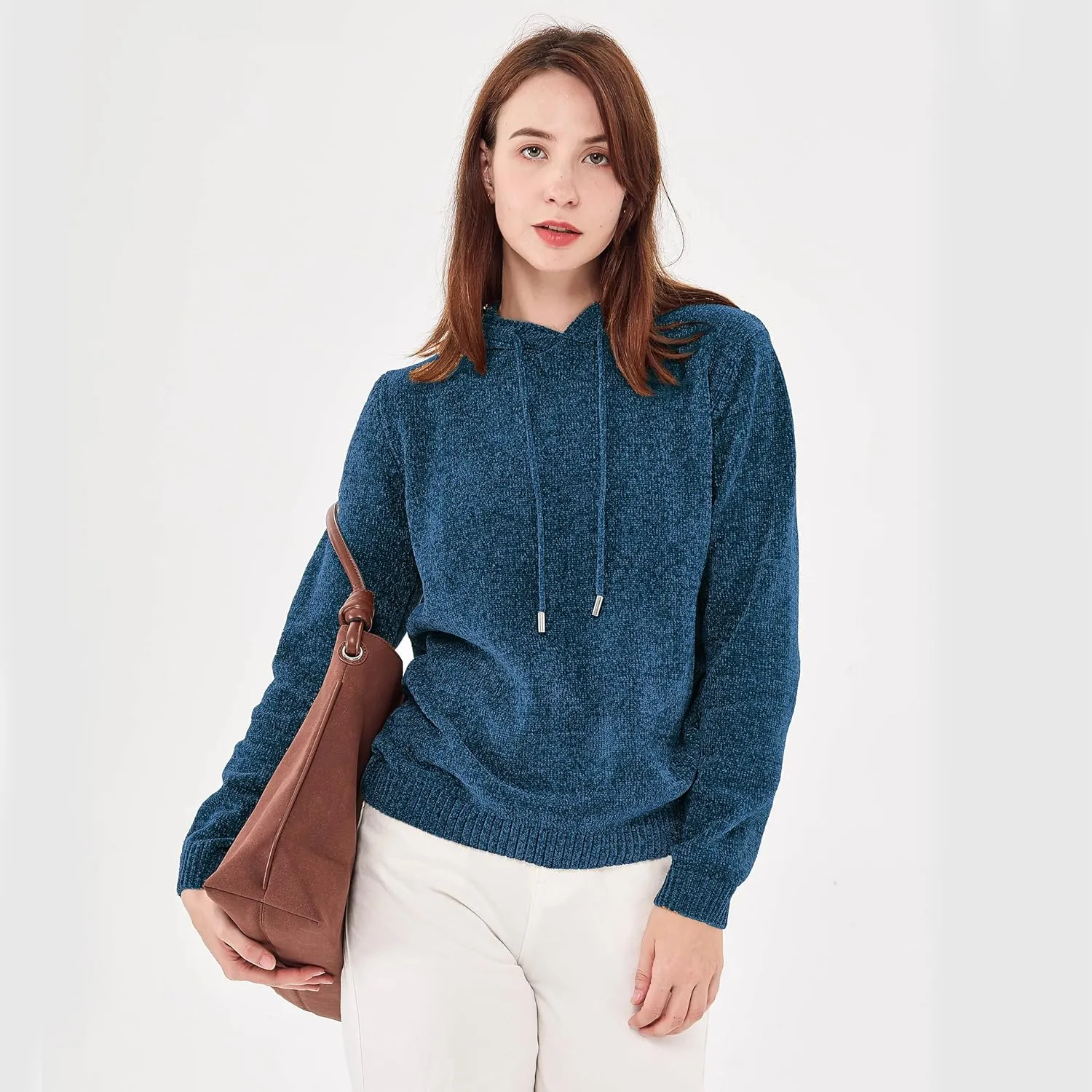 Simple&Opulence Women's Chenille Sweater Drawstring Hooded Long Sleeve Pullover Ribbed Cuff Hem Jumper Tops