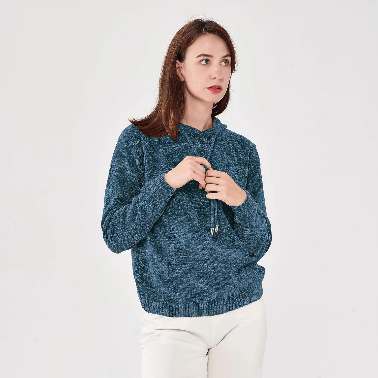 Simple&Opulence Women's Chenille Sweater Drawstring Hooded Long Sleeve Pullover Ribbed Cuff Hem Jumper Tops