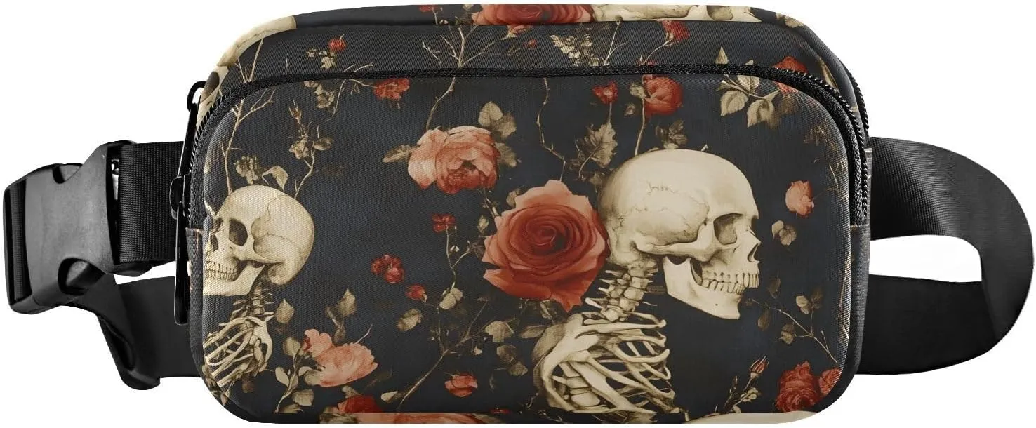 Skulls Roses Fanny Pack Water Resistant, Women Men Waist Pack Sling Bag Purse for Travel Hiking