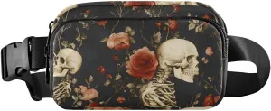 Skulls Roses Fanny Pack Water Resistant, Women Men Waist Pack Sling Bag Purse for Travel Hiking