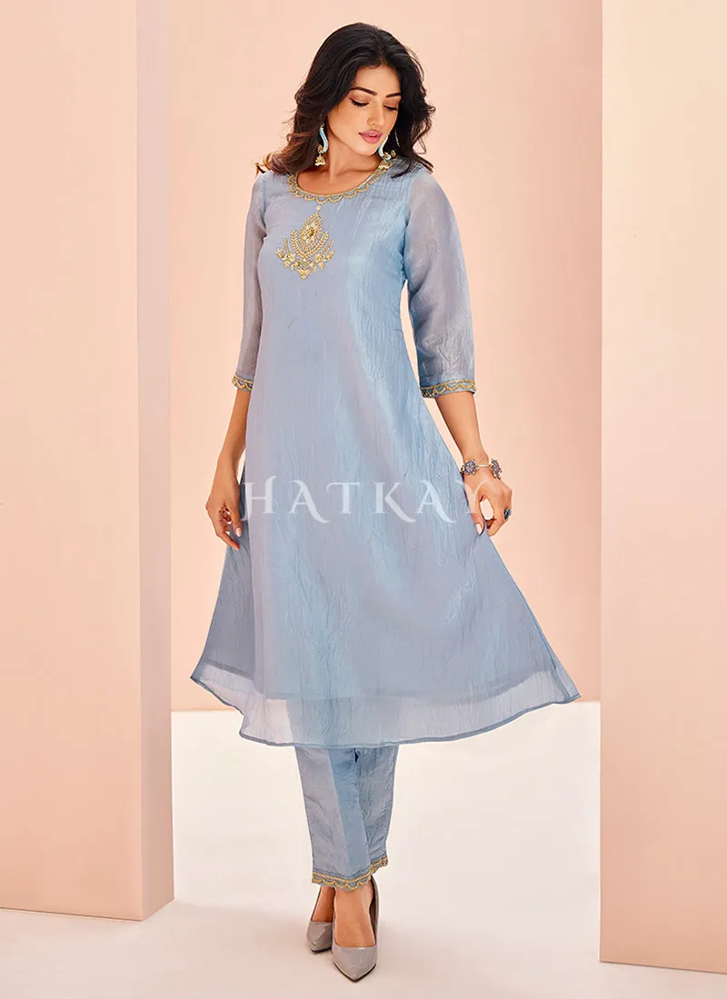 Sky Blue Handwork Kurta And Pant Suit