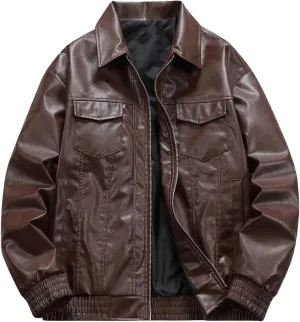 SOLY HUX Men's PU Leather Jacket Collar Long Sleeve Flap Pocket Loose Motorcycle Jacket Coats