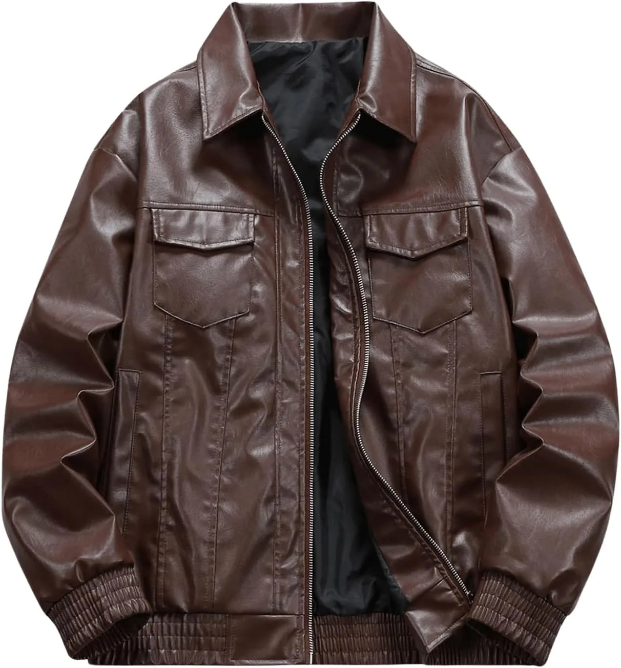 SOLY HUX Men's PU Leather Jacket Collar Long Sleeve Flap Pocket Loose Motorcycle Jacket Coats