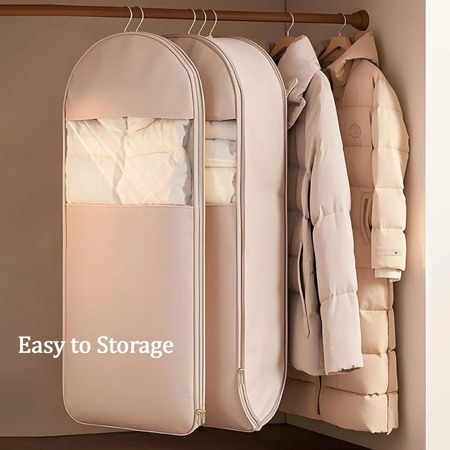 Space Saving Hanging Garment Bag with Self Compression Zipper, Dust Cover Clothes Bags for Down Coat, Space Saver Closet Organizers, for Closet Storage (Pink,Medium)