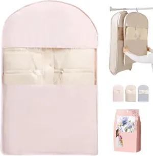 Space Saving Hanging Garment Bag with Self Compression Zipper, Space Saver Closet Organizers, Down Coat Compression Dust Cover for Closet Storage (Pink*M)