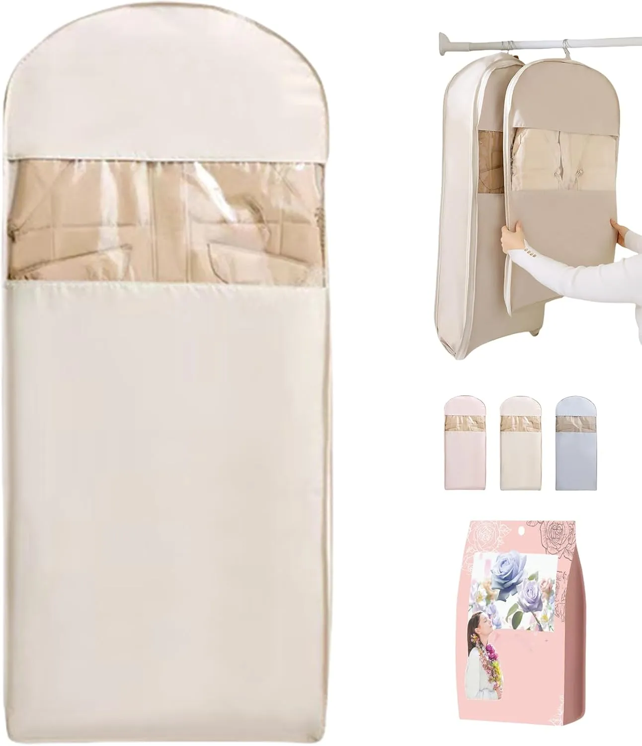 Space Saving Hanging Garment Bag with Self Compression Zipper, Space Saver Closet Organizers, Down Coat Compression Dust Cover for Closet Storage (White*XL)
