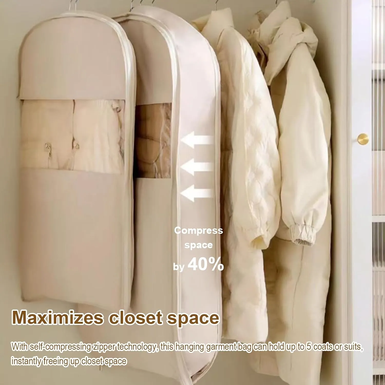 Space Saving Hanging Garment Bag with Self Compression Zipper, Space Saver Closet Organizers, Down Coat Compression Dust Cover for Closet Storage (White*XL)