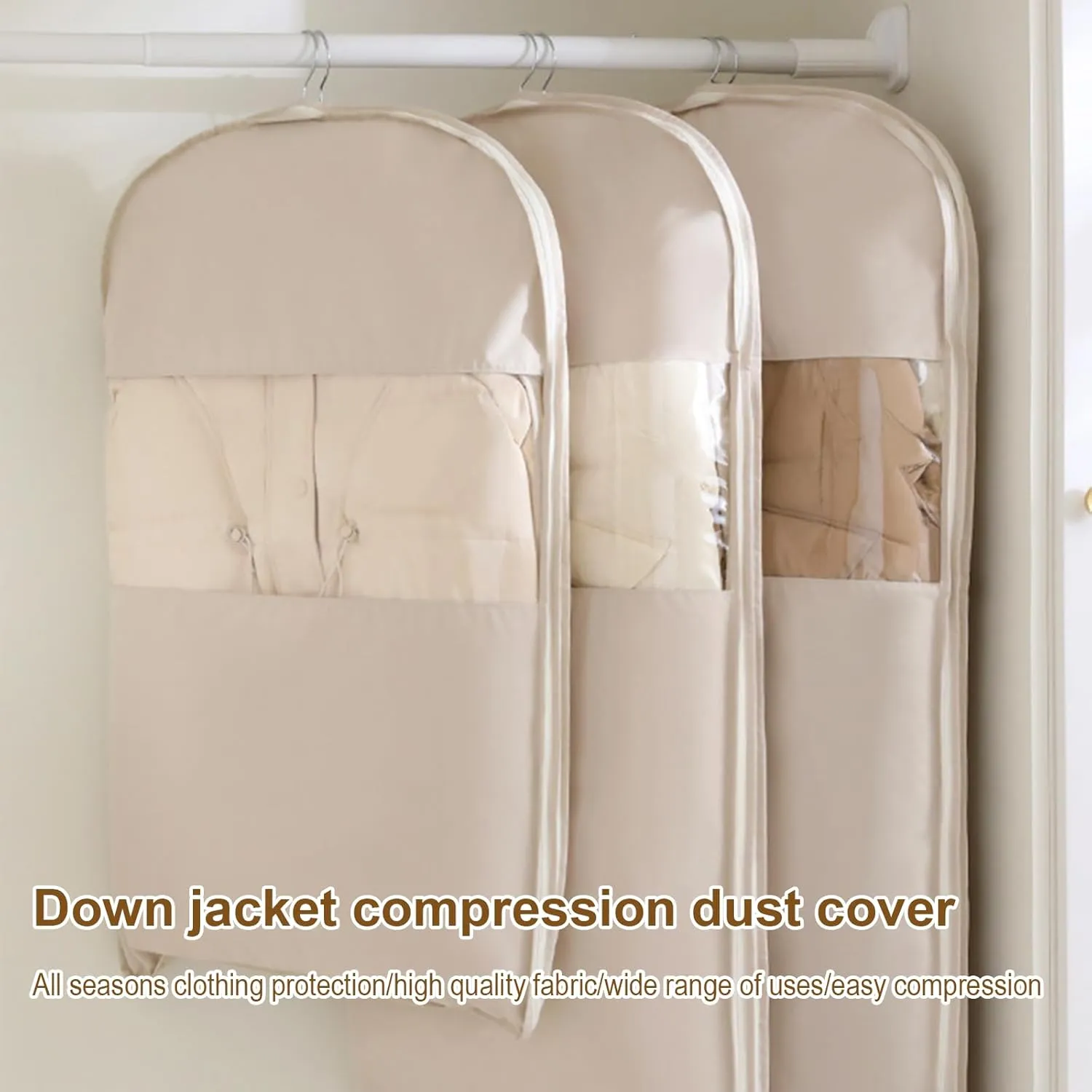 Space Saving Hanging Garment Bag with Self Compression Zipper, Space Saver Closet Organizers, Down Coat Compression Dust Cover for Closet Storage (White*XL)