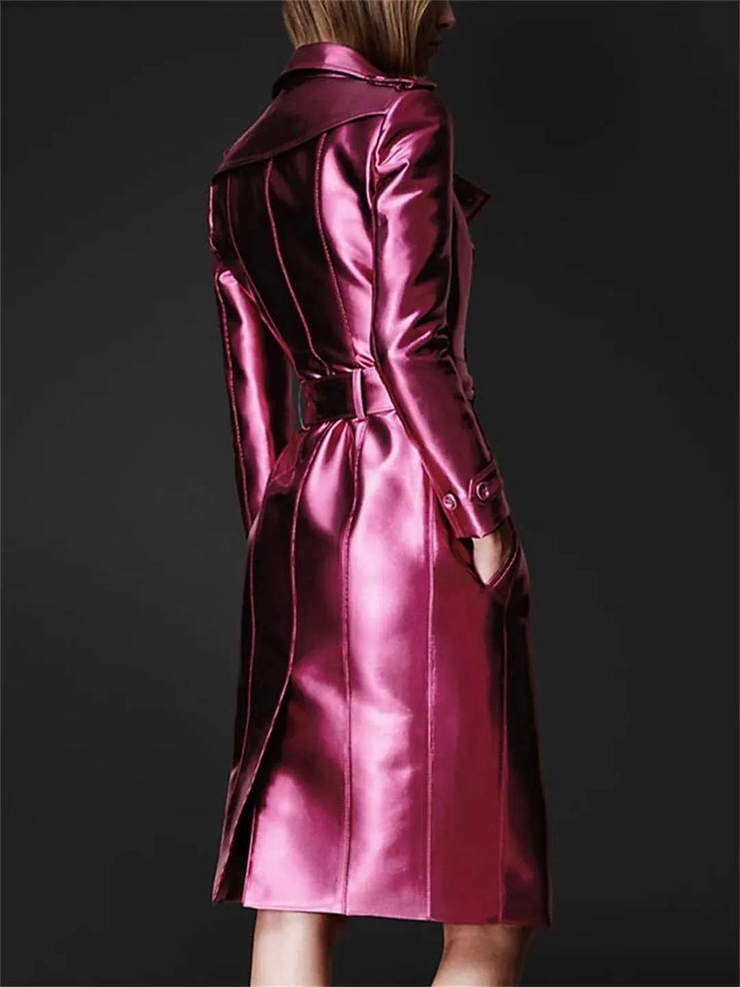 Spring Autumn Long Patent Leather Trench Coat for Women Double Breasted Fashion Leather Jacket