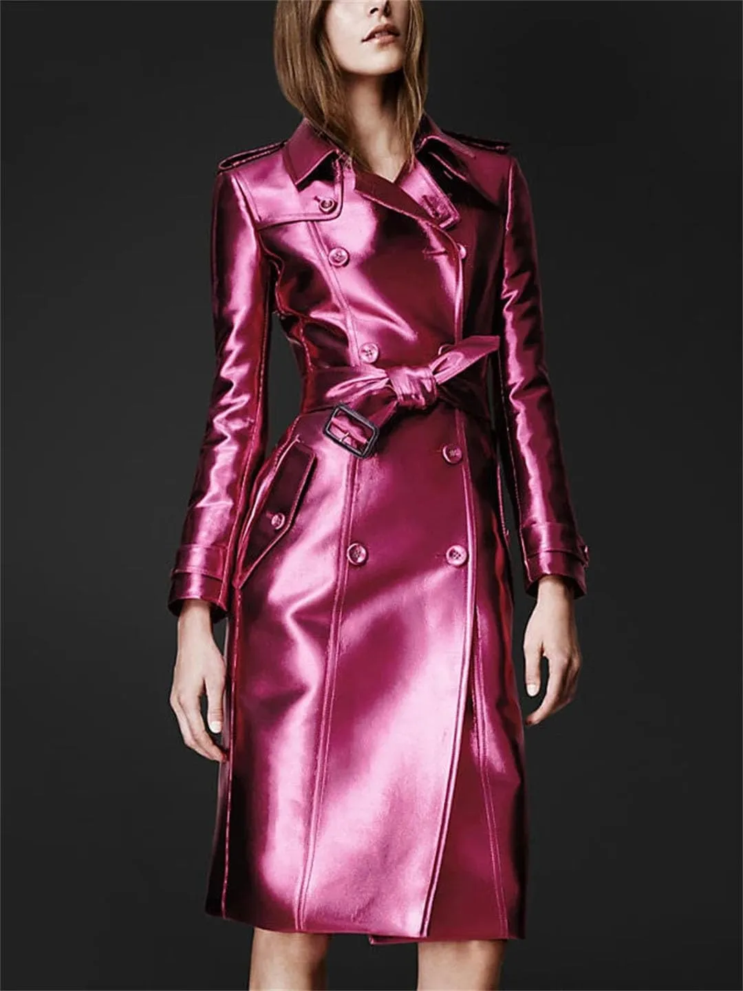 Spring Autumn Long Patent Leather Trench Coat for Women Double Breasted Fashion Leather Jacket