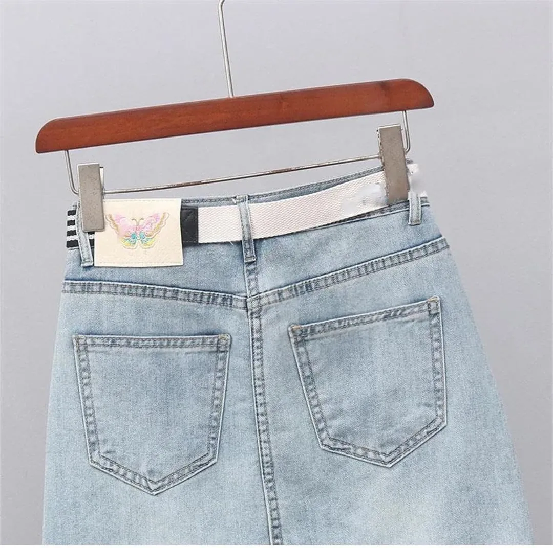 Spring Summer Retro Flower Embroidery Denim Skirt Female Short High Waist Slim A Jeans Skirt