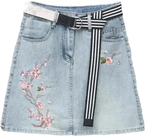 Spring Summer Retro Flower Embroidery Denim Skirt Female Short High Waist Slim A Jeans Skirt