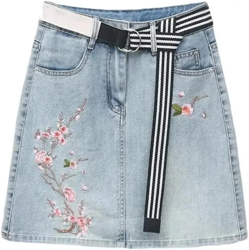 Spring Summer Retro Flower Embroidery Denim Skirt Female Short High Waist Slim A Jeans Skirt