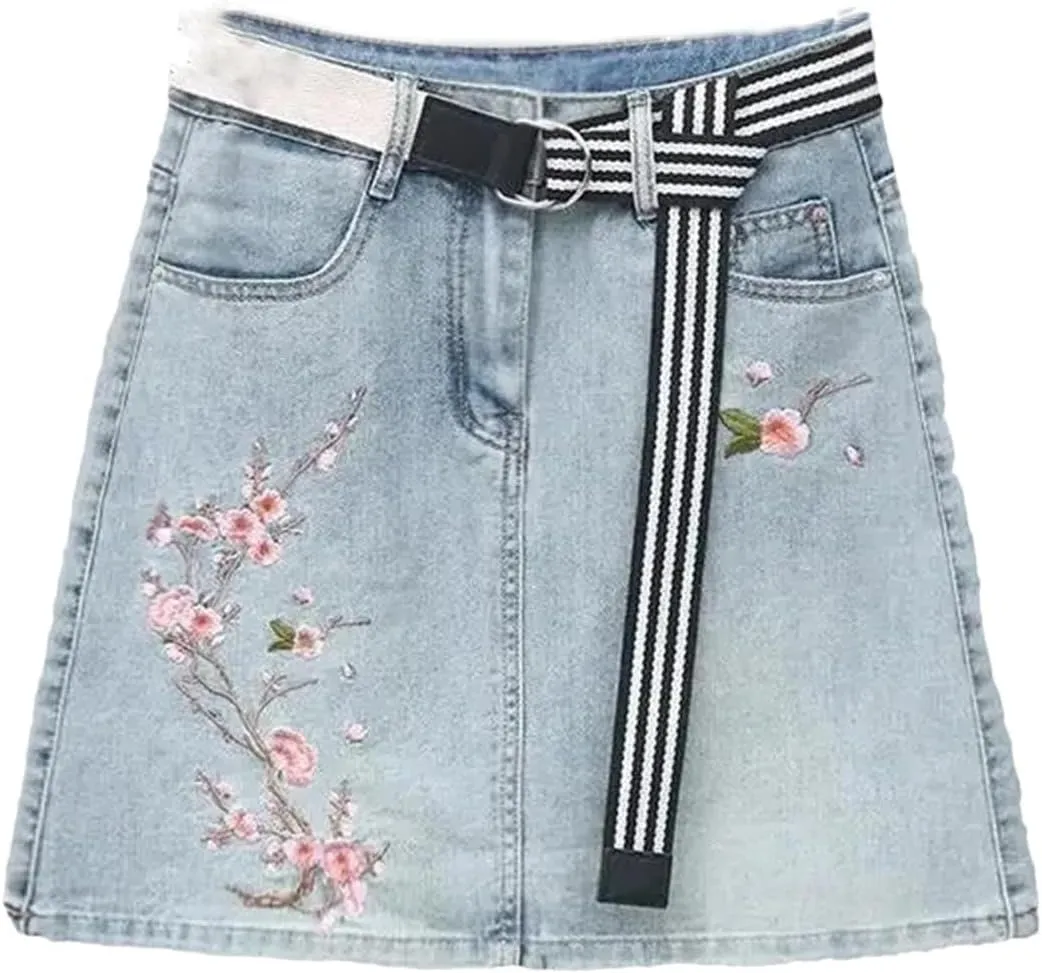 Spring Summer Retro Flower Embroidery Denim Skirt Female Short High Waist Slim A Jeans Skirt