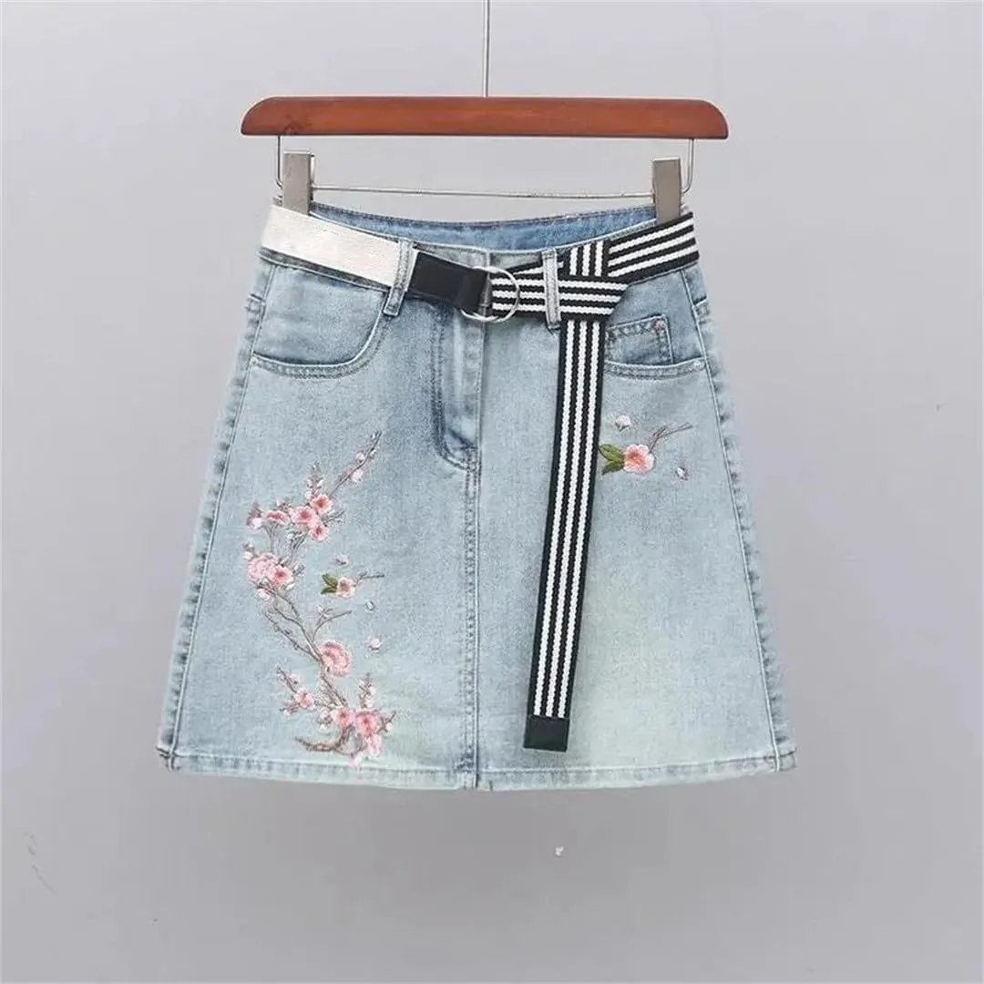 Spring Summer Retro Flower Embroidery Denim Skirt Female Short High Waist Slim A Jeans Skirt