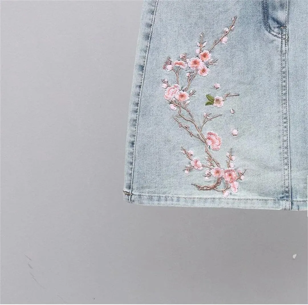 Spring Summer Retro Flower Embroidery Denim Skirt Female Short High Waist Slim A Jeans Skirt