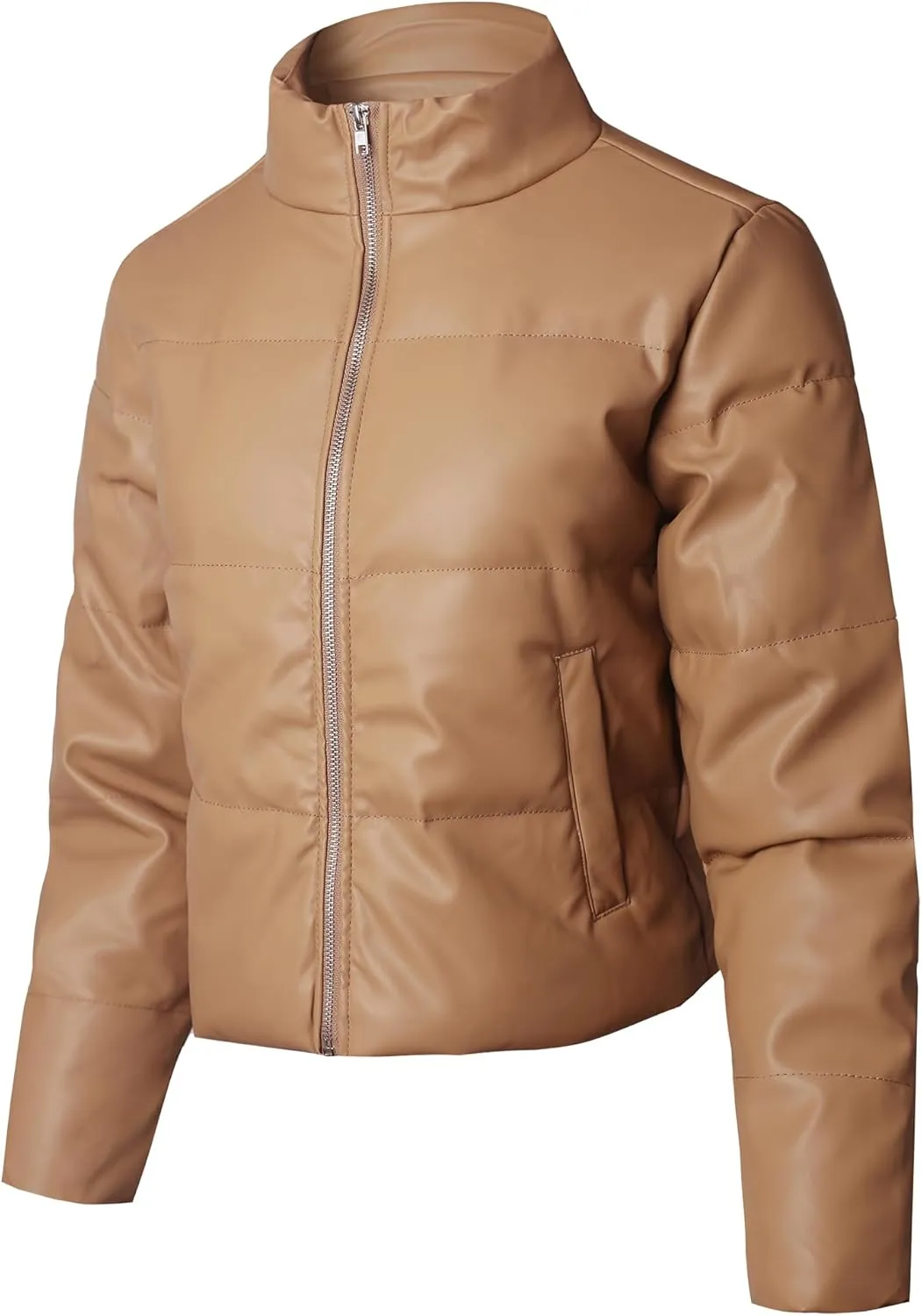 STARJJ Womens High Neck Quilted Faux Leather Puffer Jacket