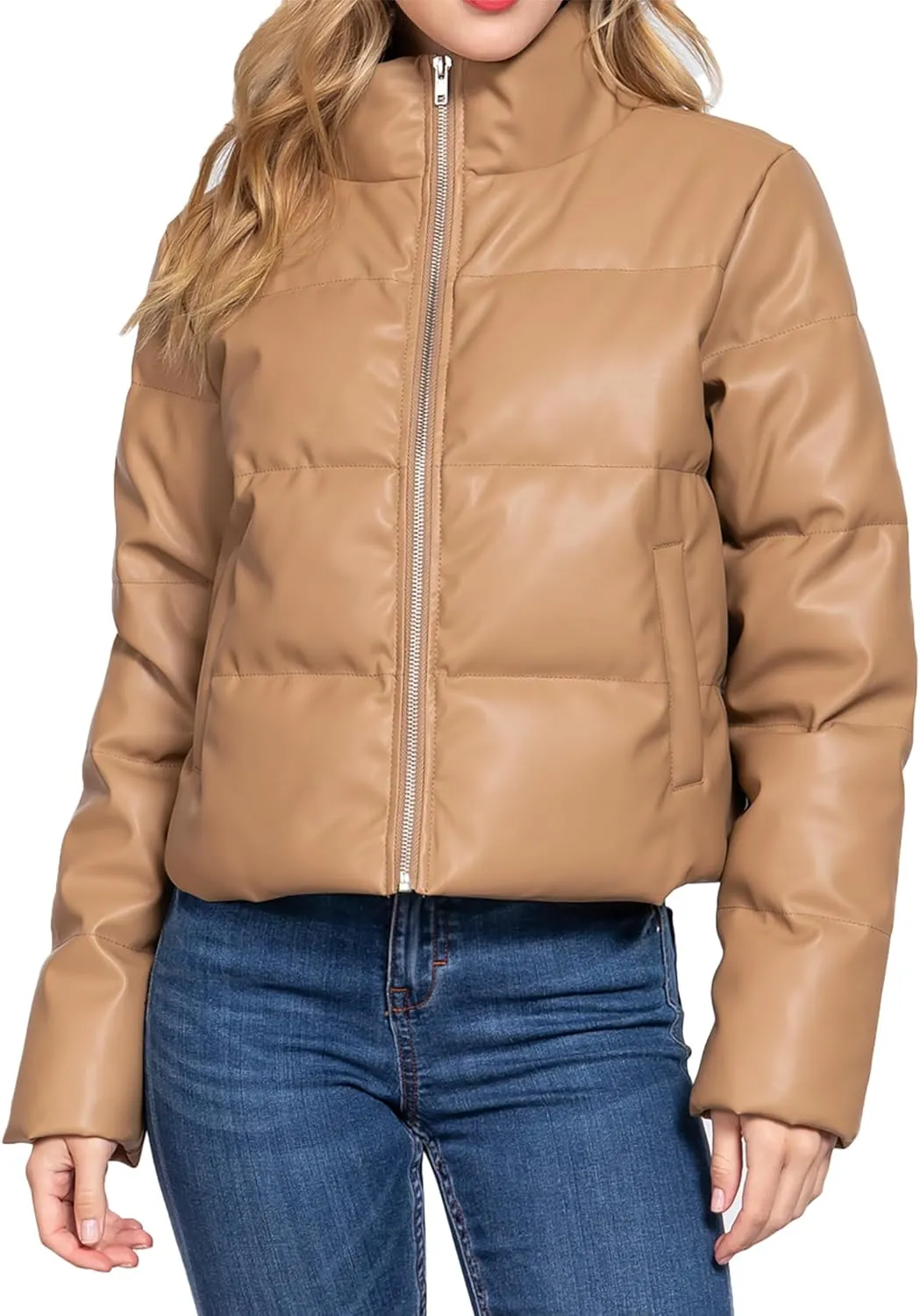 STARJJ Womens High Neck Quilted Faux Leather Puffer Jacket