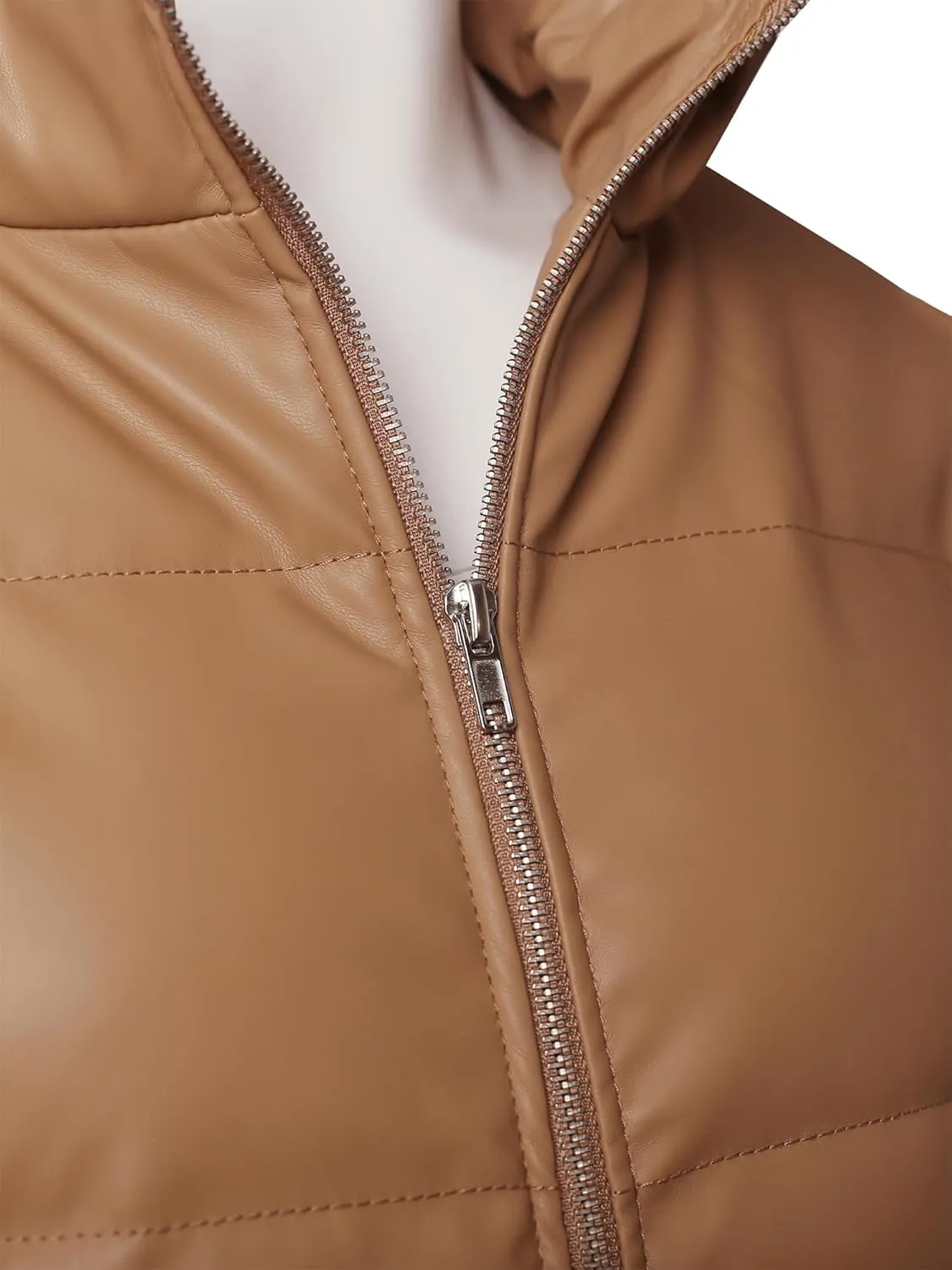 STARJJ Womens High Neck Quilted Faux Leather Puffer Jacket
