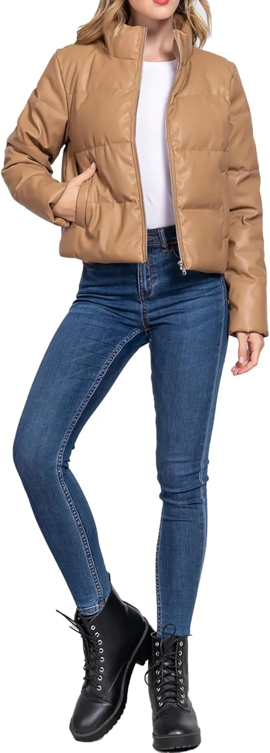 STARJJ Womens High Neck Quilted Faux Leather Puffer Jacket