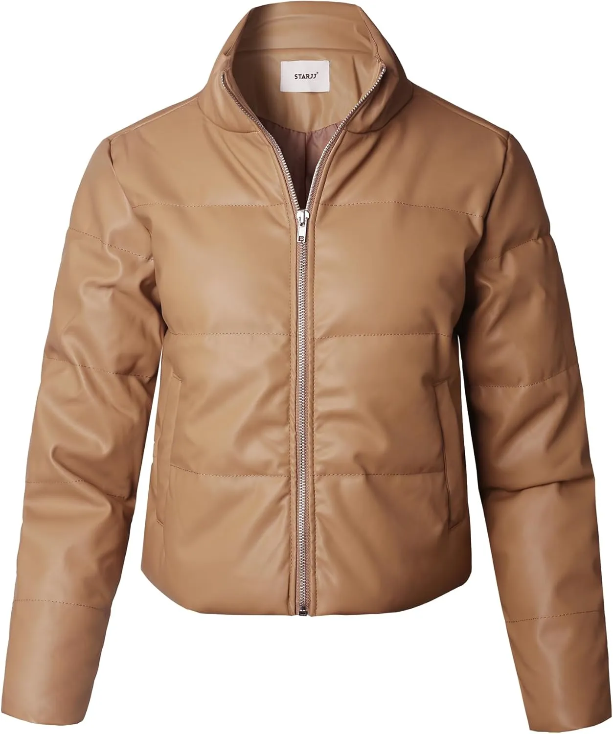 STARJJ Womens High Neck Quilted Faux Leather Puffer Jacket