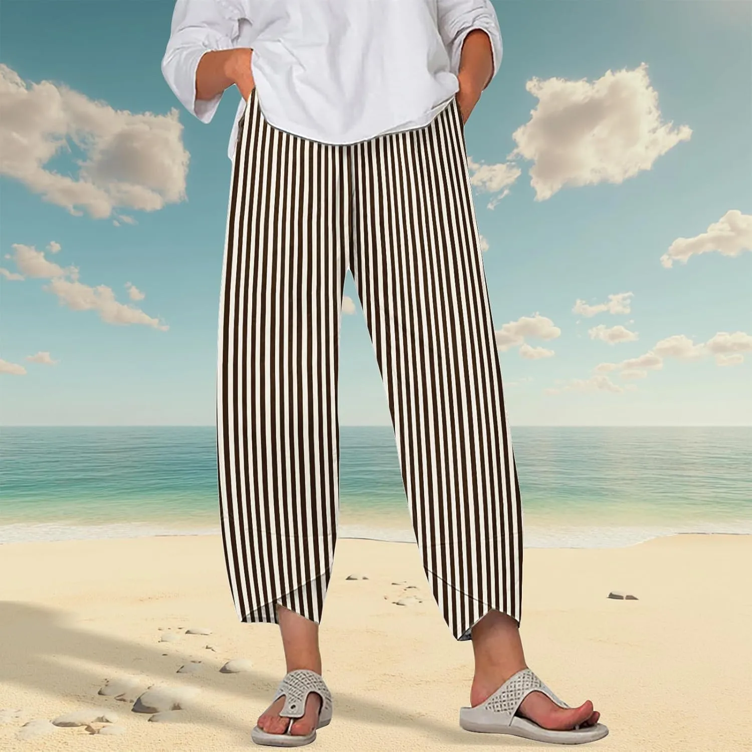 Striped Linen Pants for Women Summer Wide Leg Cropped Palazzo Trousers Casual Comfy Capri Baggy Pants with Pockets