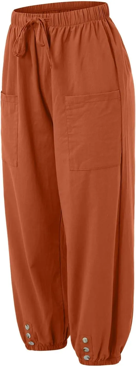 Summer Linen Pants for Women Casual Elastic Drawstring Waisted Trousers Loose Fit Lightweight Pants with Pockets