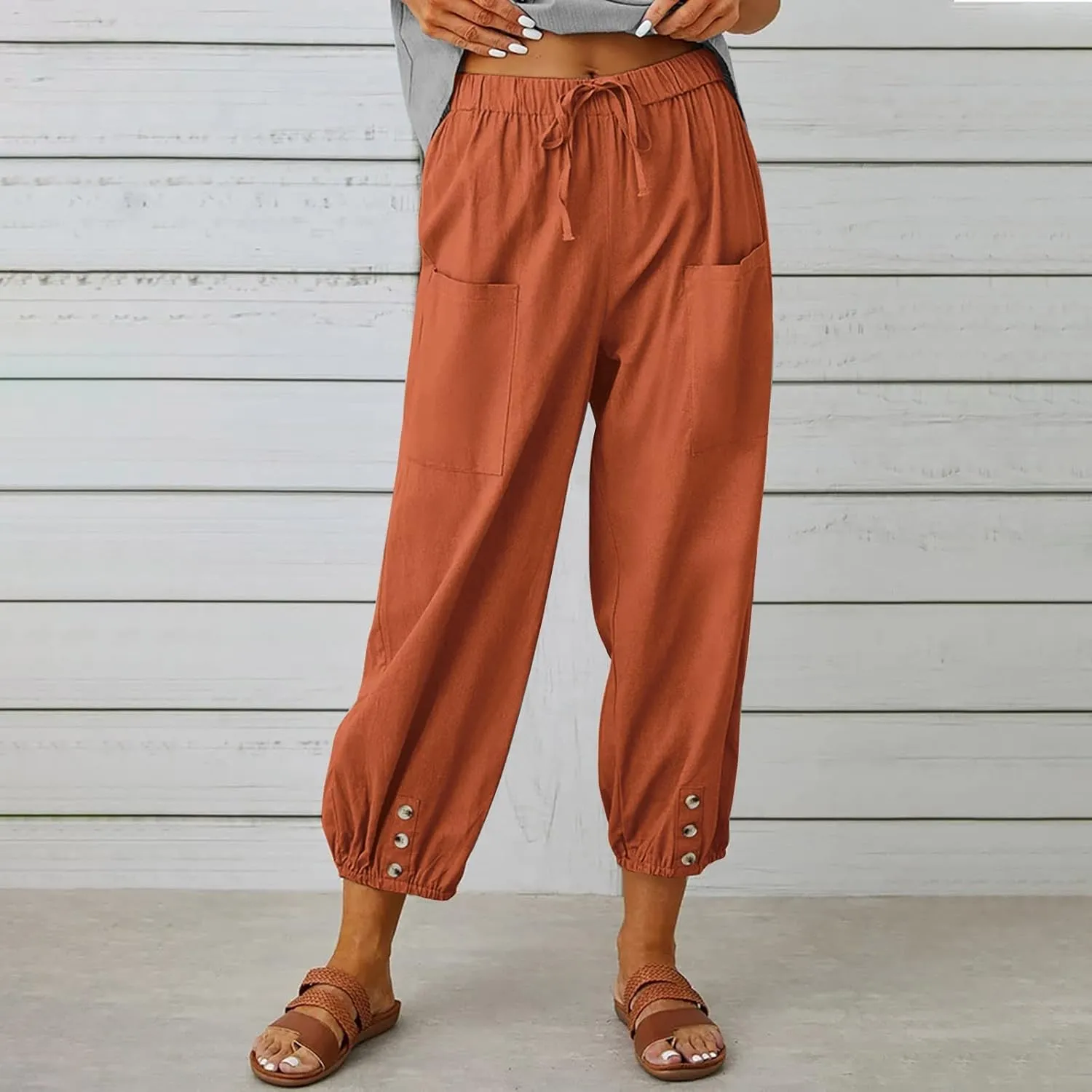 Summer Linen Pants for Women Casual Elastic Drawstring Waisted Trousers Loose Fit Lightweight Pants with Pockets