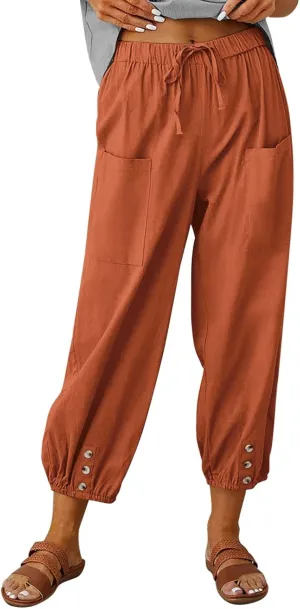 Summer Linen Pants for Women Casual Elastic Drawstring Waisted Trousers Loose Fit Lightweight Pants with Pockets