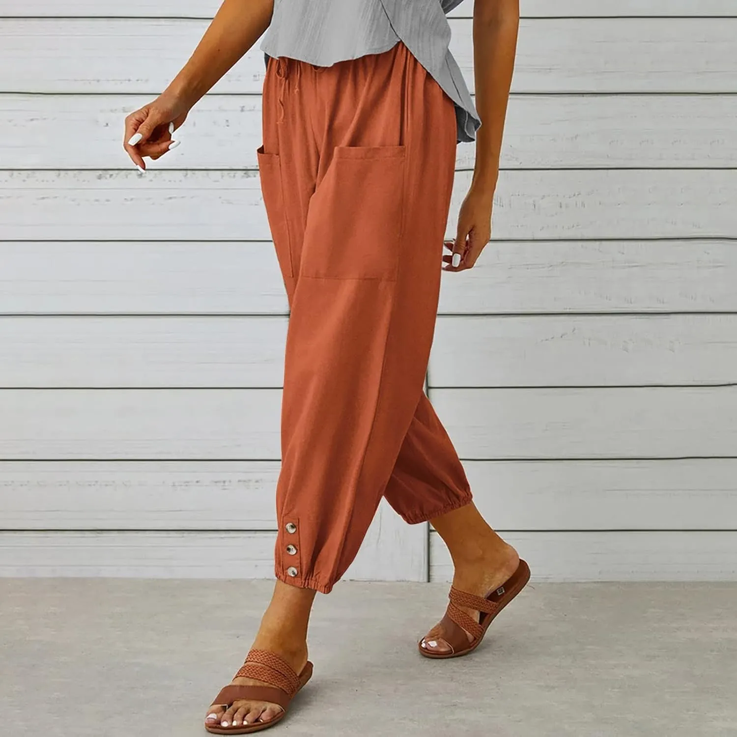Summer Linen Pants for Women Casual Elastic Drawstring Waisted Trousers Loose Fit Lightweight Pants with Pockets