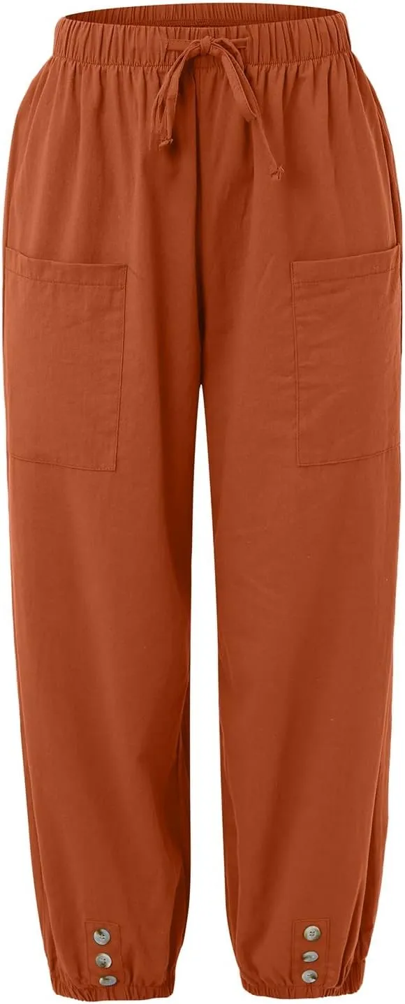Summer Linen Pants for Women Casual Elastic Drawstring Waisted Trousers Loose Fit Lightweight Pants with Pockets