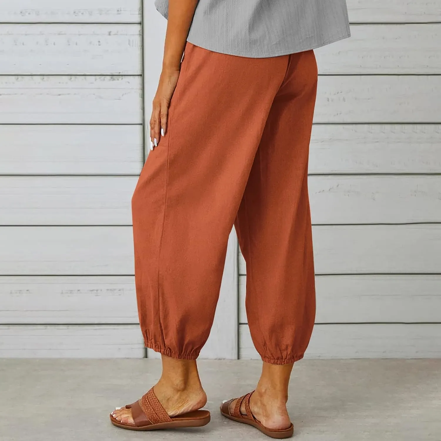 Summer Linen Pants for Women Casual Elastic Drawstring Waisted Trousers Loose Fit Lightweight Pants with Pockets