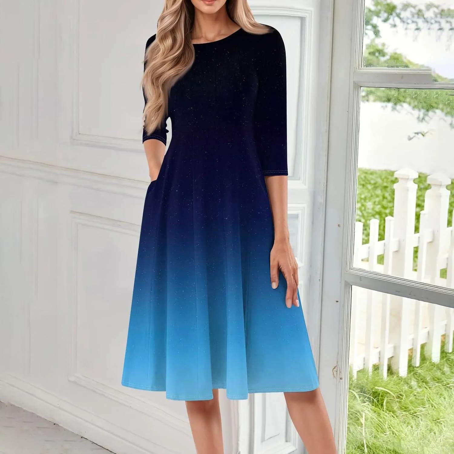 Sun Dresses for Women 2025 Vacation, Spring Casual Round Neck Three-Quarter Sleeve Solid Midi Dress