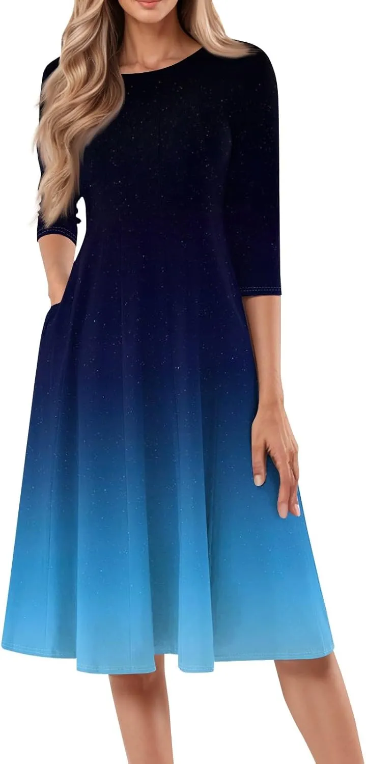 Sun Dresses for Women 2025 Vacation, Spring Casual Round Neck Three-Quarter Sleeve Solid Midi Dress