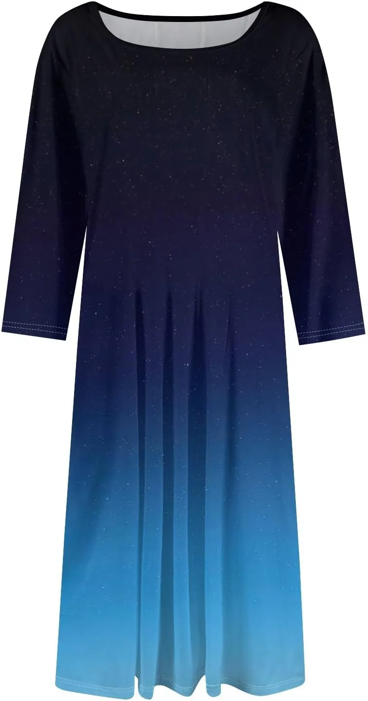 Sun Dresses for Women 2025 Vacation, Spring Casual Round Neck Three-Quarter Sleeve Solid Midi Dress