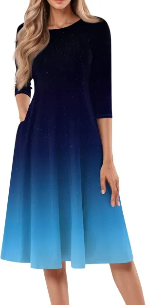 Sun Dresses for Women 2025 Vacation, Spring Casual Round Neck Three-Quarter Sleeve Solid Midi Dress