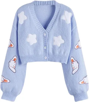 SweatyRocks Women's Cardigan Cartoon Long Sleeve Button Down V Neck Drop Shoulder Cropped Sweater Tops