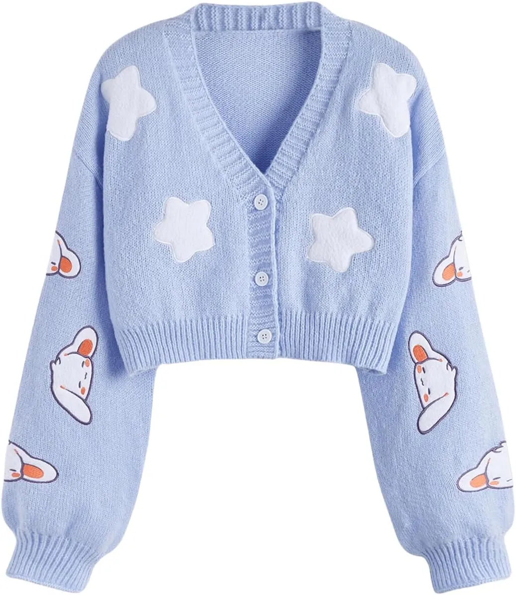 SweatyRocks Women's Cardigan Cartoon Long Sleeve Button Down V Neck Drop Shoulder Cropped Sweater Tops