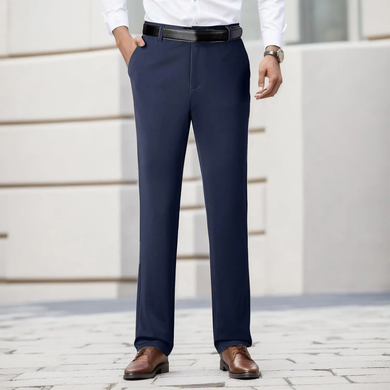 Tall Men's Casual Linen Pants, Summer Elastic Waist Straight Leg Loose Fit Beach Slacks, Business Non Ironing Pants
