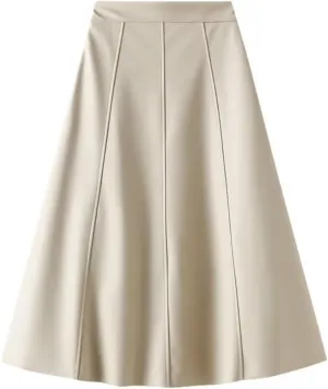 TangDao Women's Retro Faux Leather High Waist Pleated Flare Long A-line Midi Skirt