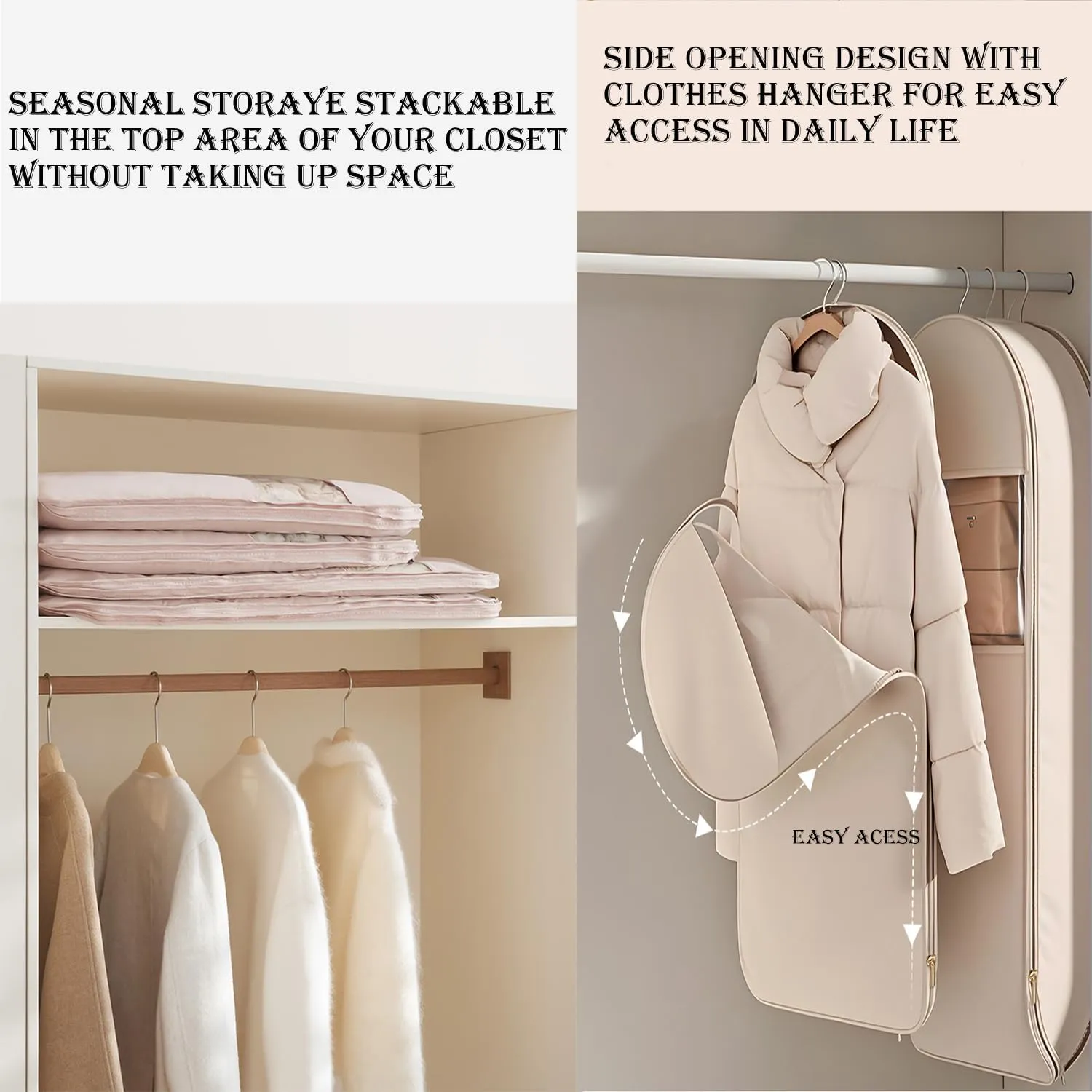Taprinferior Hanging Garment Bag, Space Saving Hanging Garment Bag with Self Compression Zipper, Taprinferior Compression Bag for Suits, Dresses, Coats (Beige,3Pcs L)